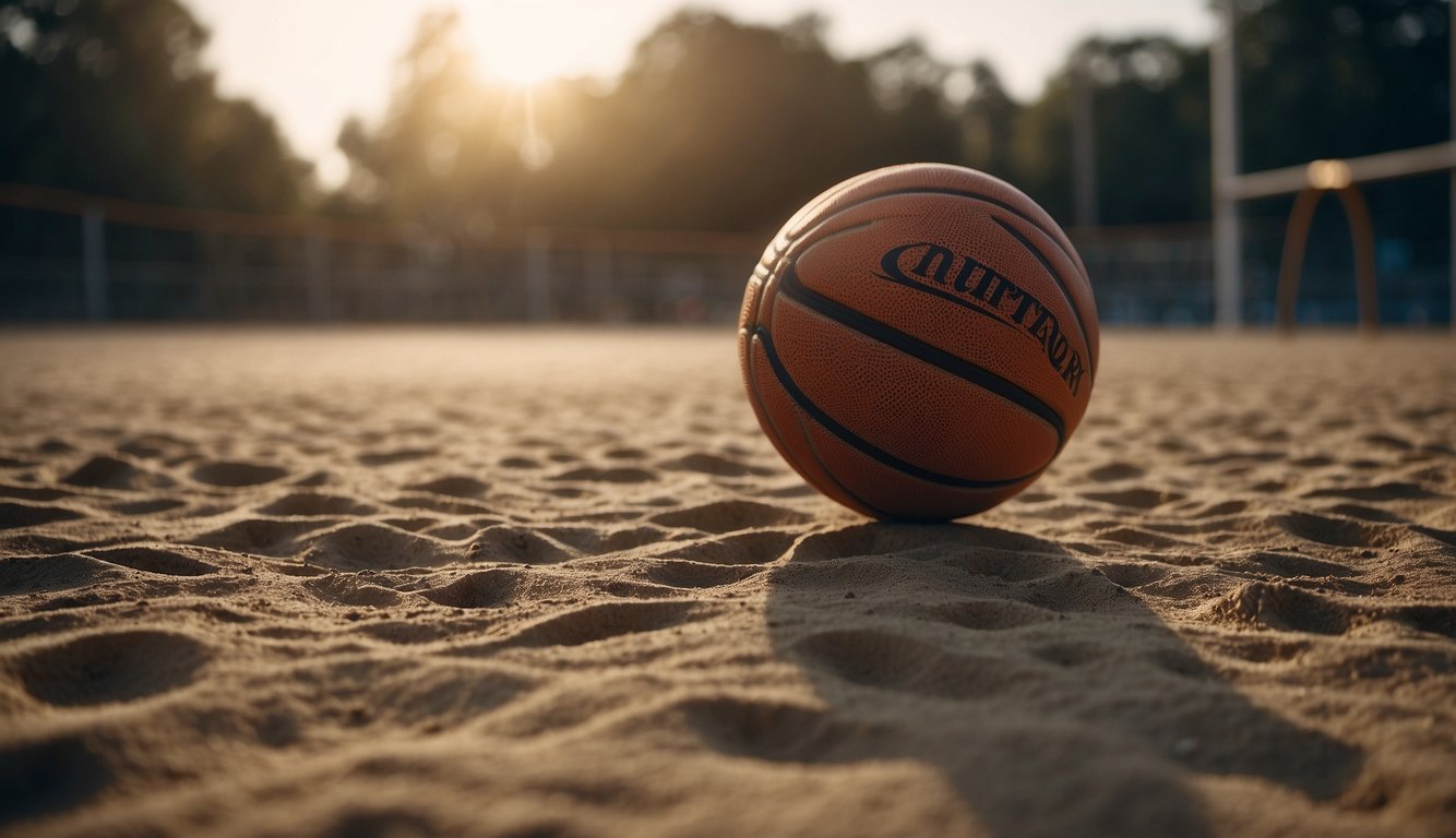 A basketball bouncing on a dusty court