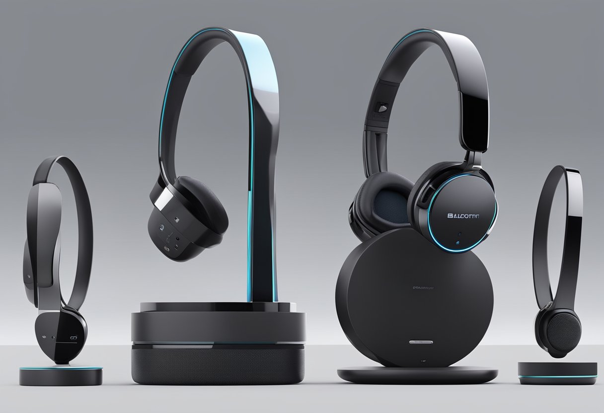 A sleek, modern Bluetooth headset sits on a display pedestal, surrounded by other high-end electronic devices. The headset's design exudes sophistication and cutting-edge technology