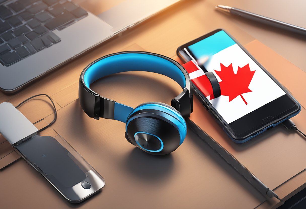 A sleek, modern Bluetooth headset sits on a desk next to a smartphone. The devices are surrounded by a Canadian flag and maple leaf decor