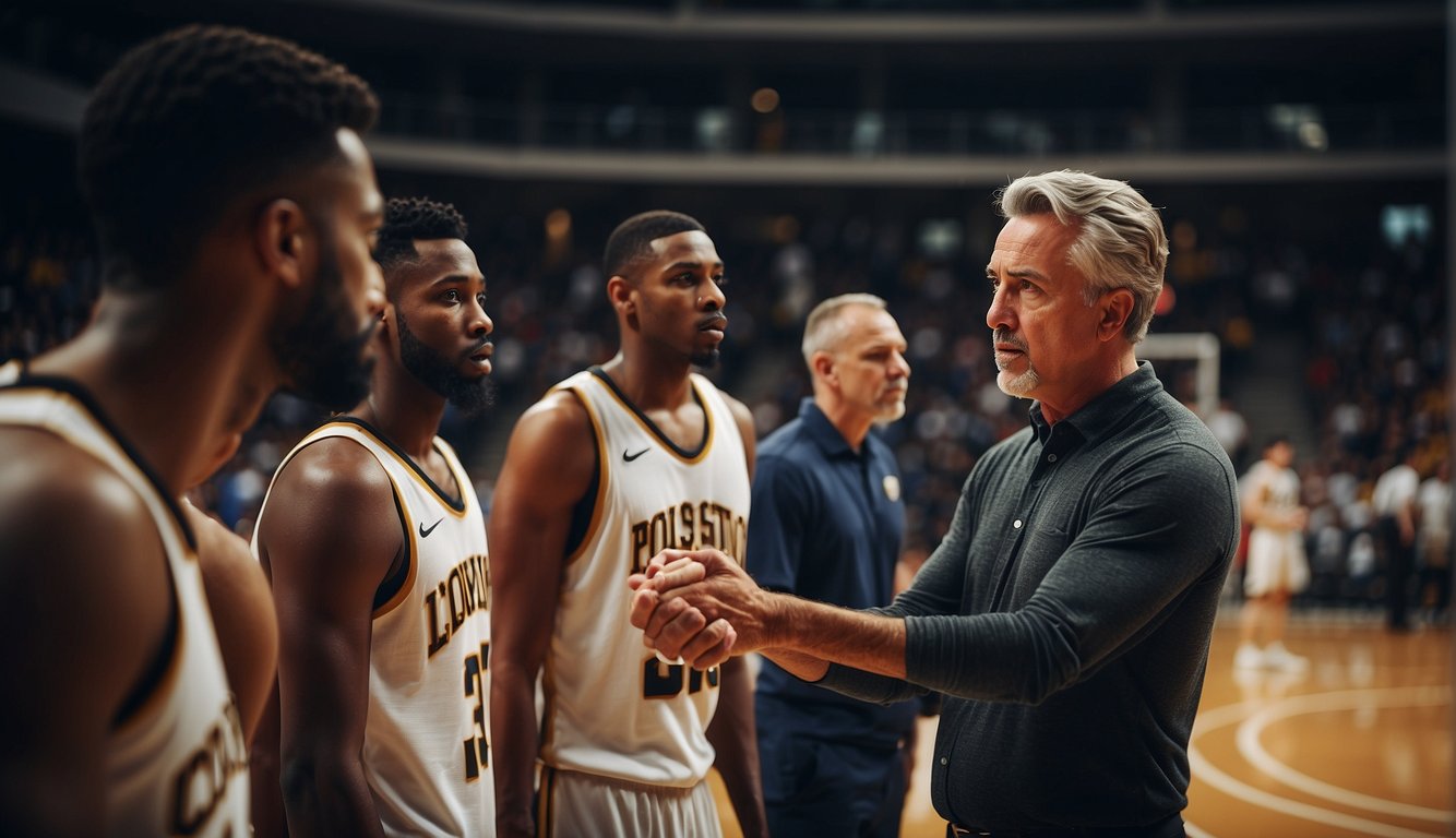 The coaching staff instructs players on the basketball court