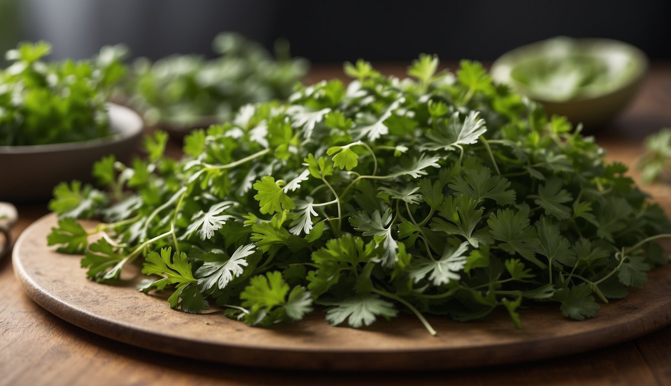 Cilantro leaves spread out on a clean, dry surface. A dehydrator machine set to low heat ready to preserve the vibrant green color and fresh aroma