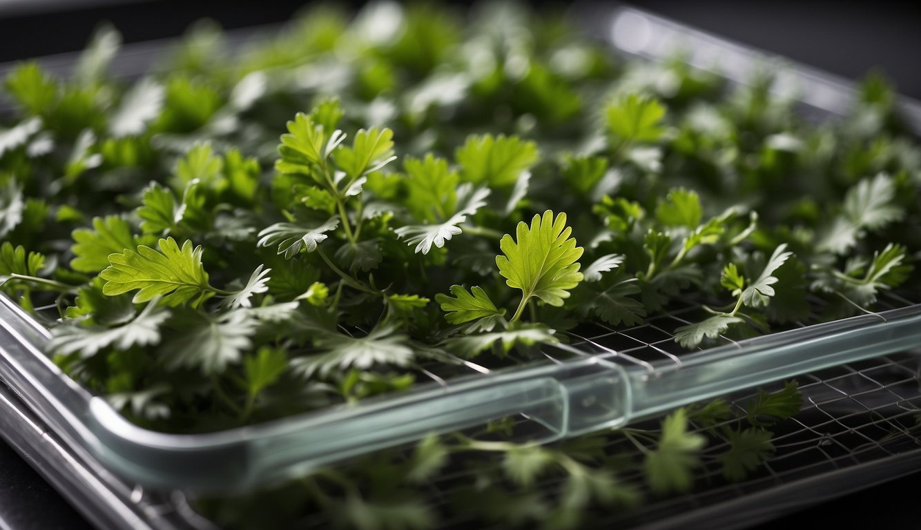 Fresh cilantro leaves spread out on a mesh dehydrator tray, ready for drying