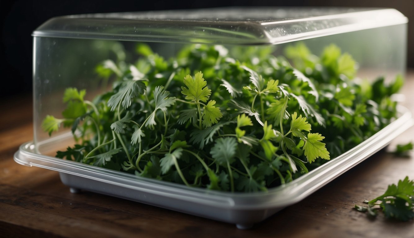 Fresh cilantro leaves spread on a mesh dehydrator tray, with warm air circulating to remove moisture