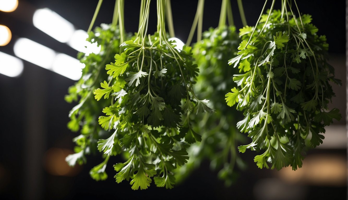 Cilantro bunches hanging upside down in a dark, well-ventilated area, slowly dehydrating