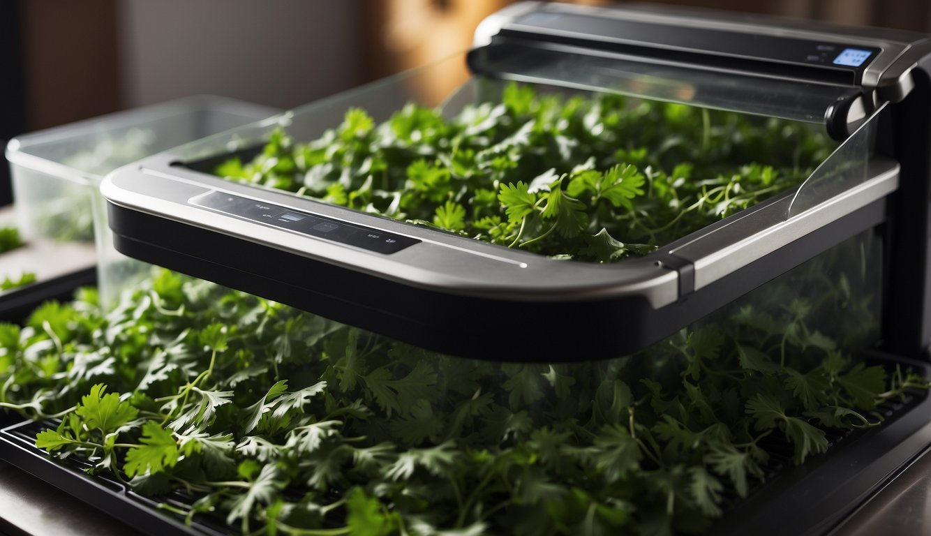 Fresh cilantro leaves are spread out on a dehydrator tray. The machine is set to low heat, slowly drying out the vibrant green herbs