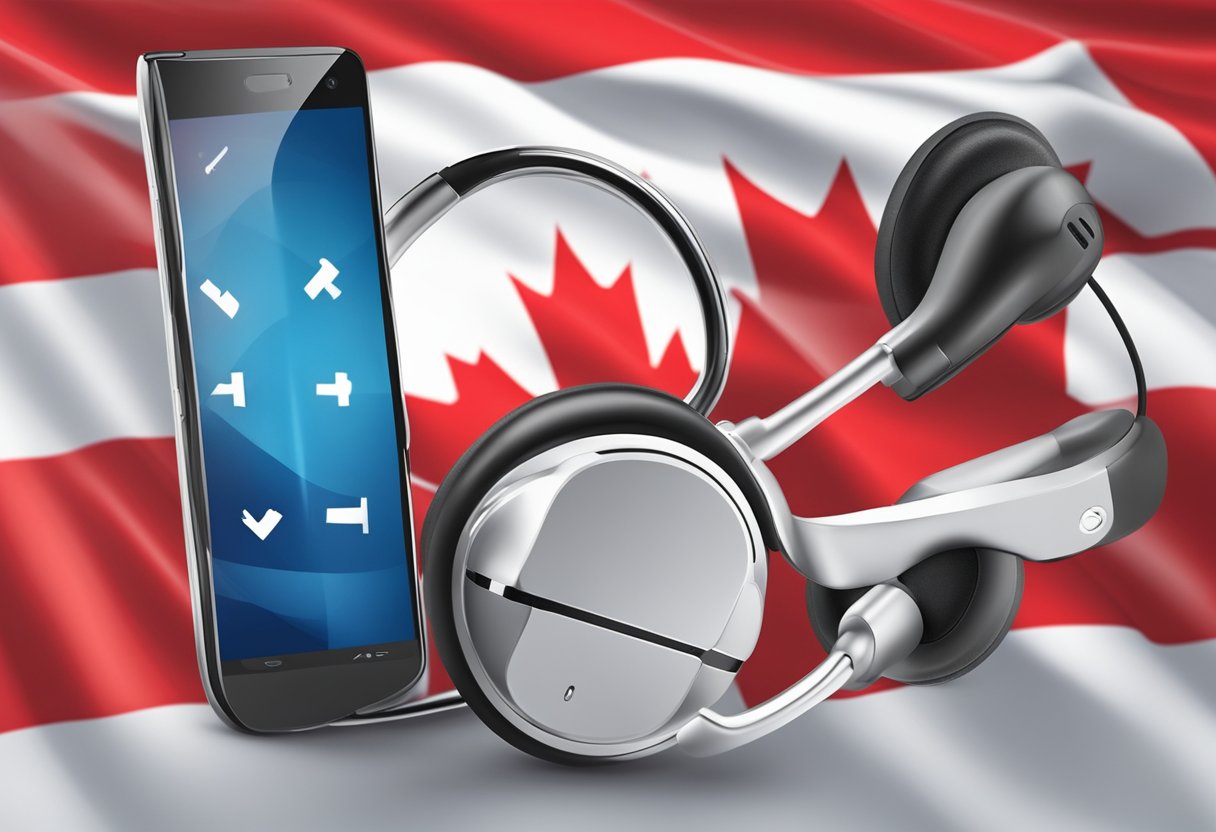 A cell phone and a Bluetooth headset on a Canadian flag background