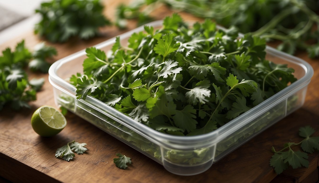 Fresh cilantro spread on dehydrator tray, set to low heat. Timer set for 2 hours. Keep an eye on leaves for even drying