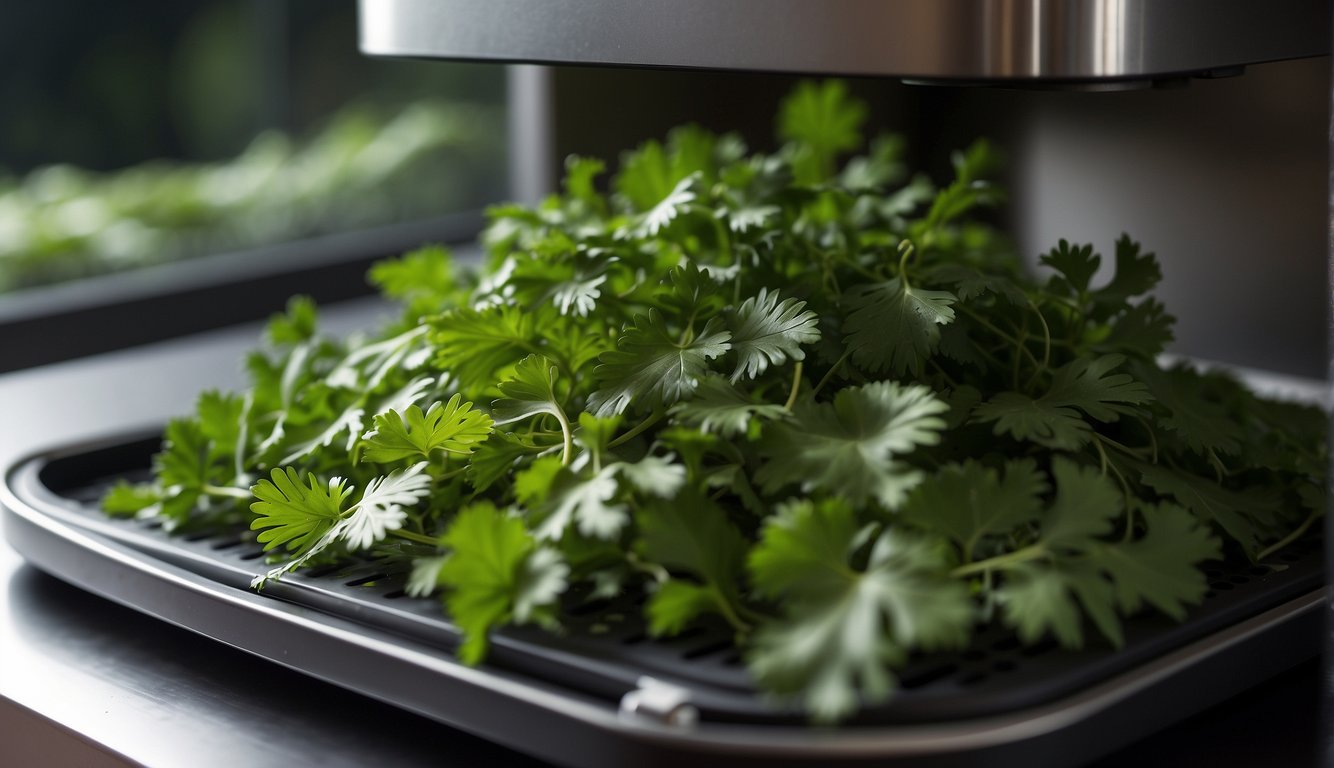 Fresh cilantro leaves spread on a dehydrator tray. The machine is set to low heat to slowly dry out the leaves
