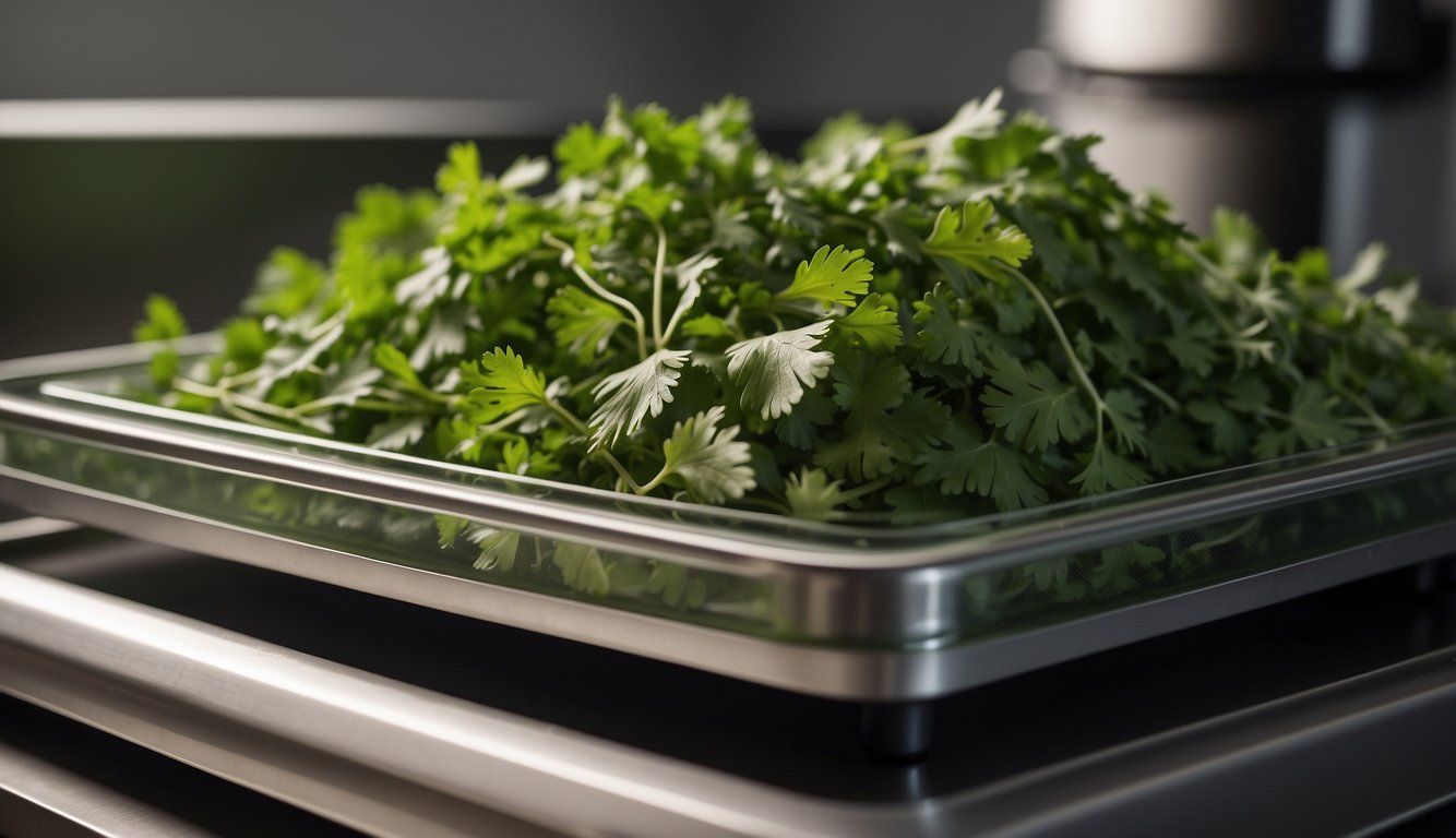 Fresh cilantro leaves spread out on a dehydrator tray, with the machine turned on and warm air circulating around the herbs