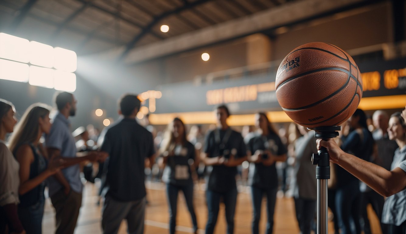 A basketball being passed between a group of people at a public relations event, with cameras and microphones capturing the action