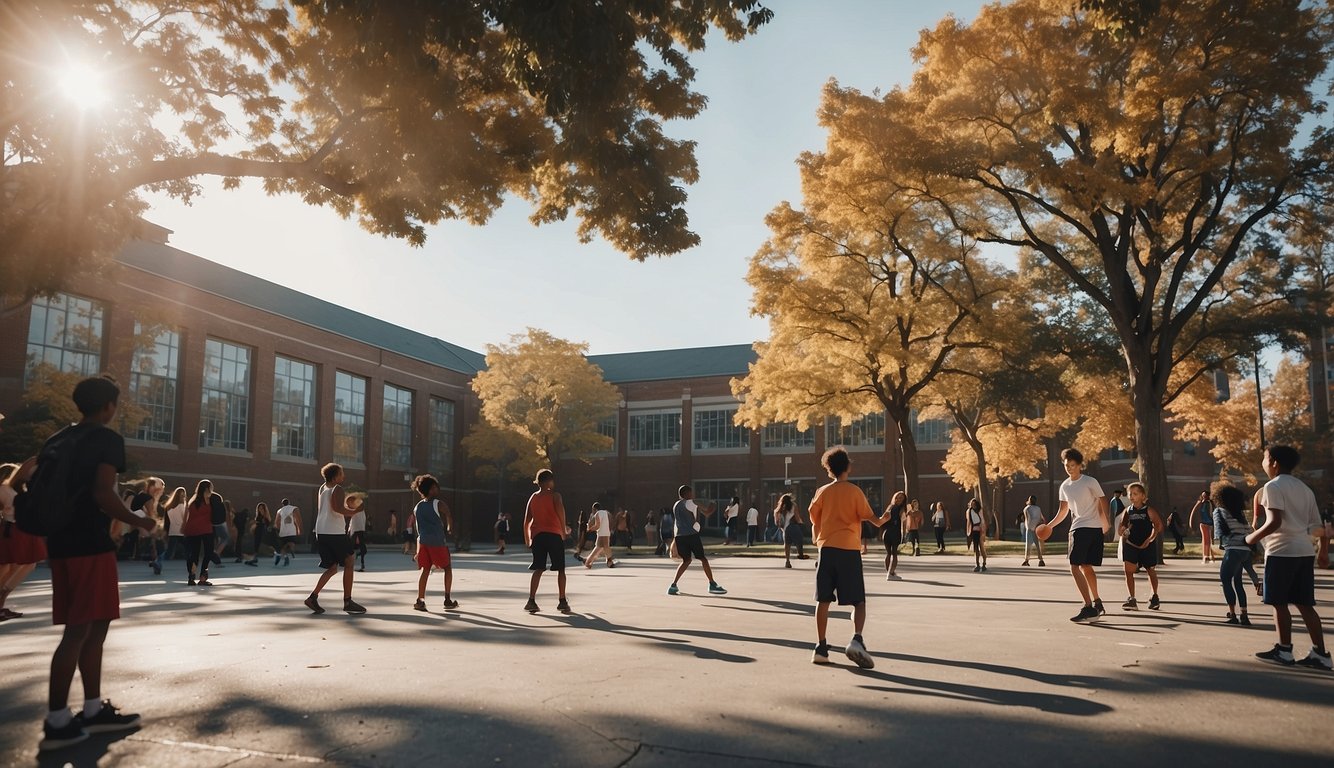 A bustling community center with students playing basketball, surrounded by academic buildings