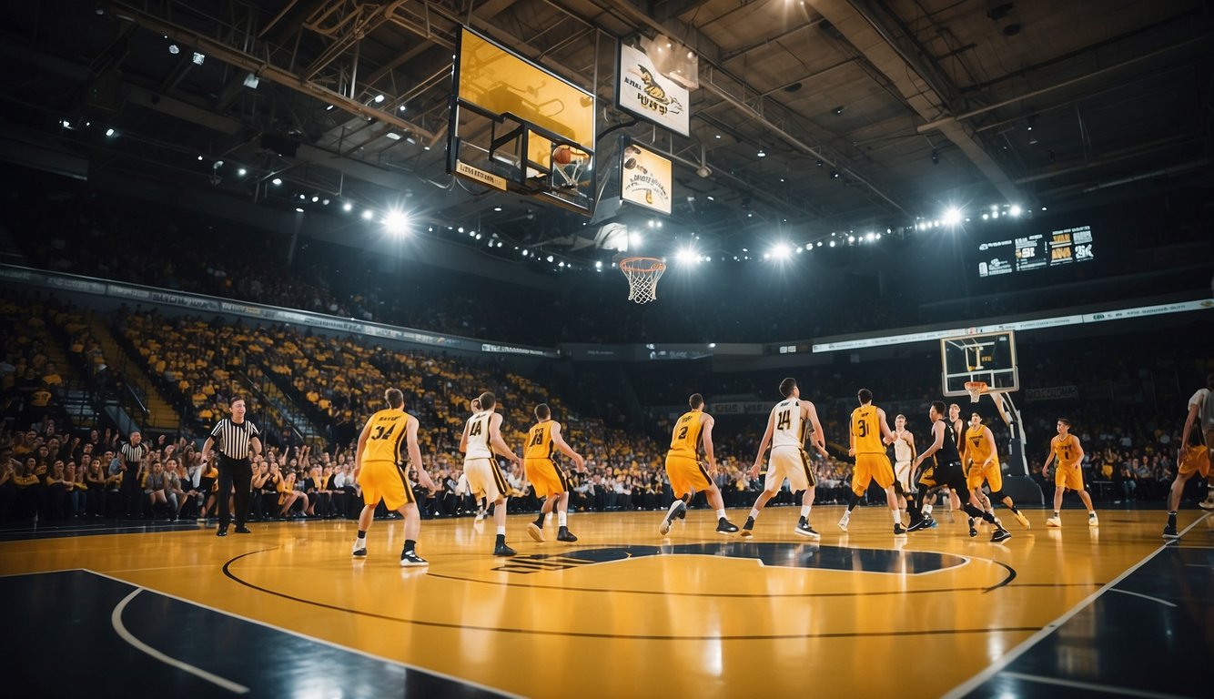 A basketball court with UST branding, players in action, and cheering fans