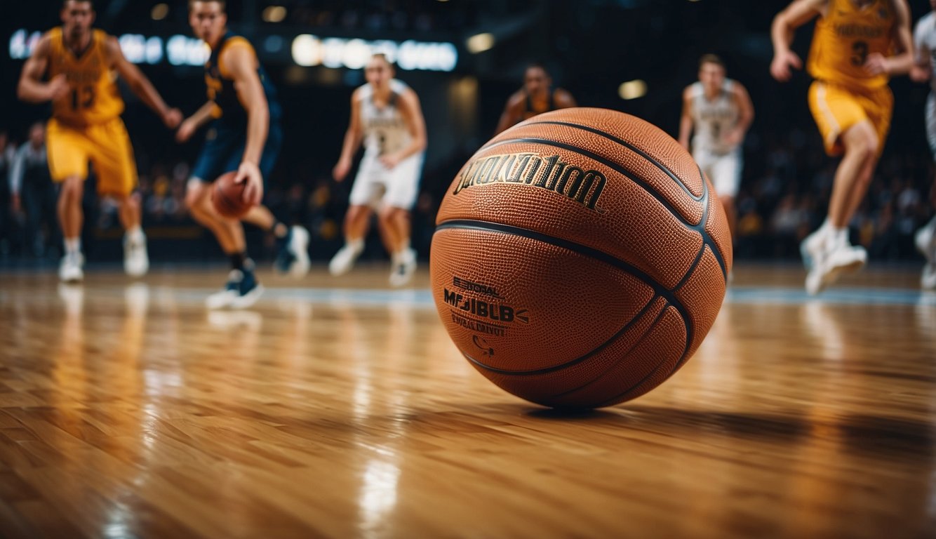 A basketball bouncing on a court, surrounded by players in motion