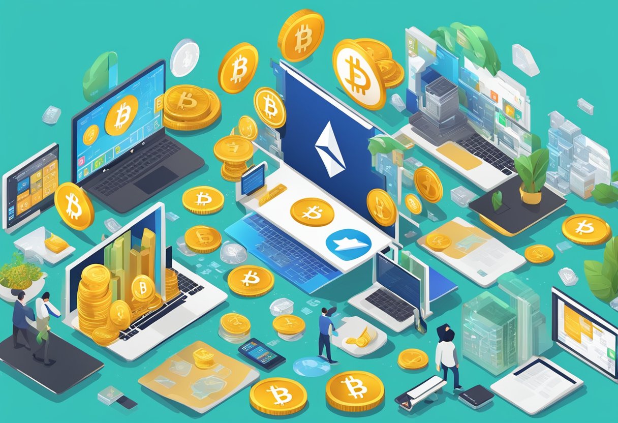 A crowded digital marketplace with various cryptocurrency logos and symbols, including Bitcoin, Ethereum, and other emerging currencies, with signs of growth and prosperity