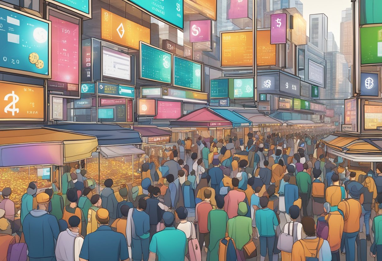 A bustling market with digital currency symbols and graphs, indicating a surge in crypto values. Predictions for 2024 are displayed prominently
