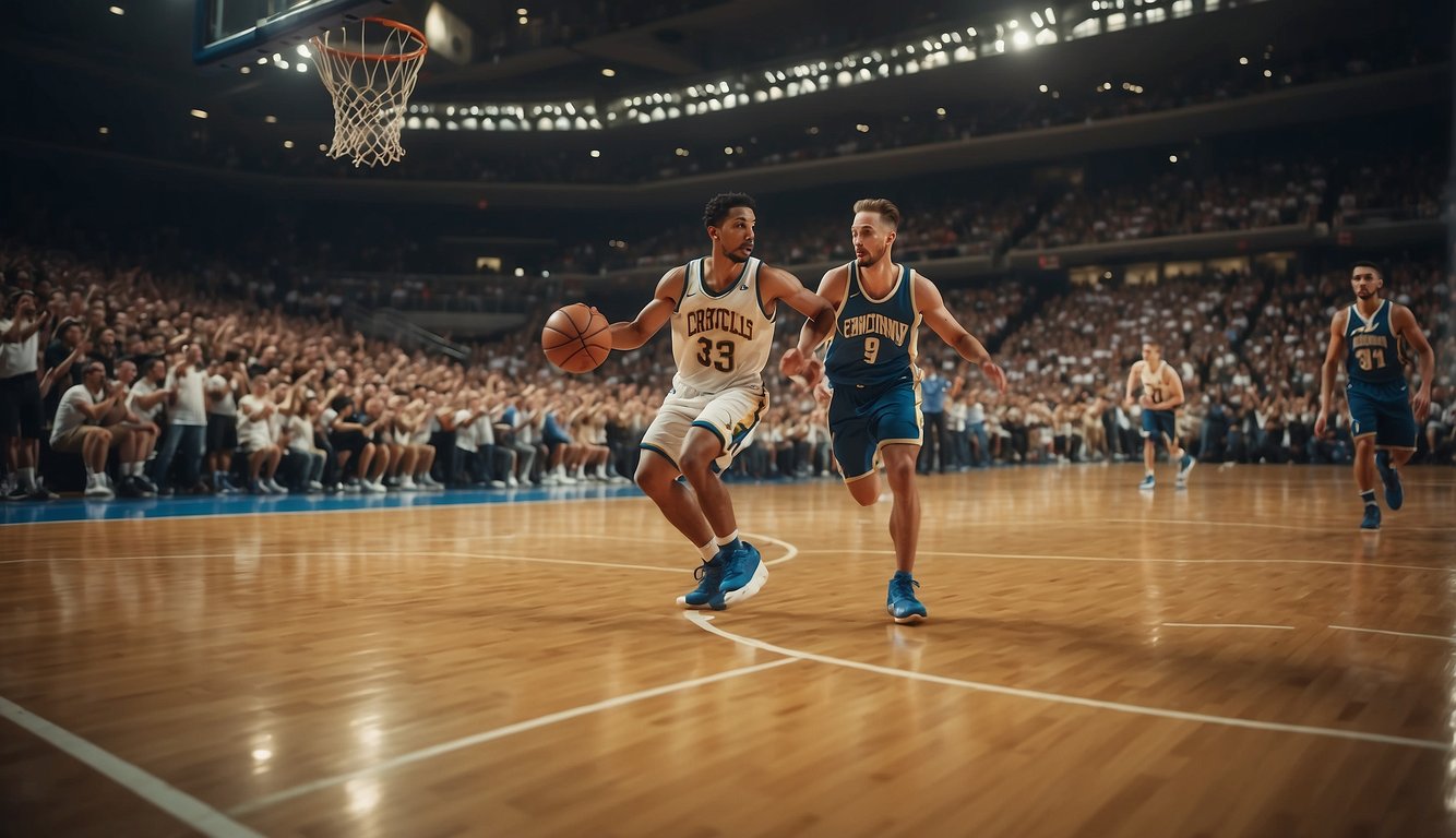 Players dribble and shoot on a basketball court, surrounded by cheering fans. The fast-paced game promotes cardiovascular health and overall fitness