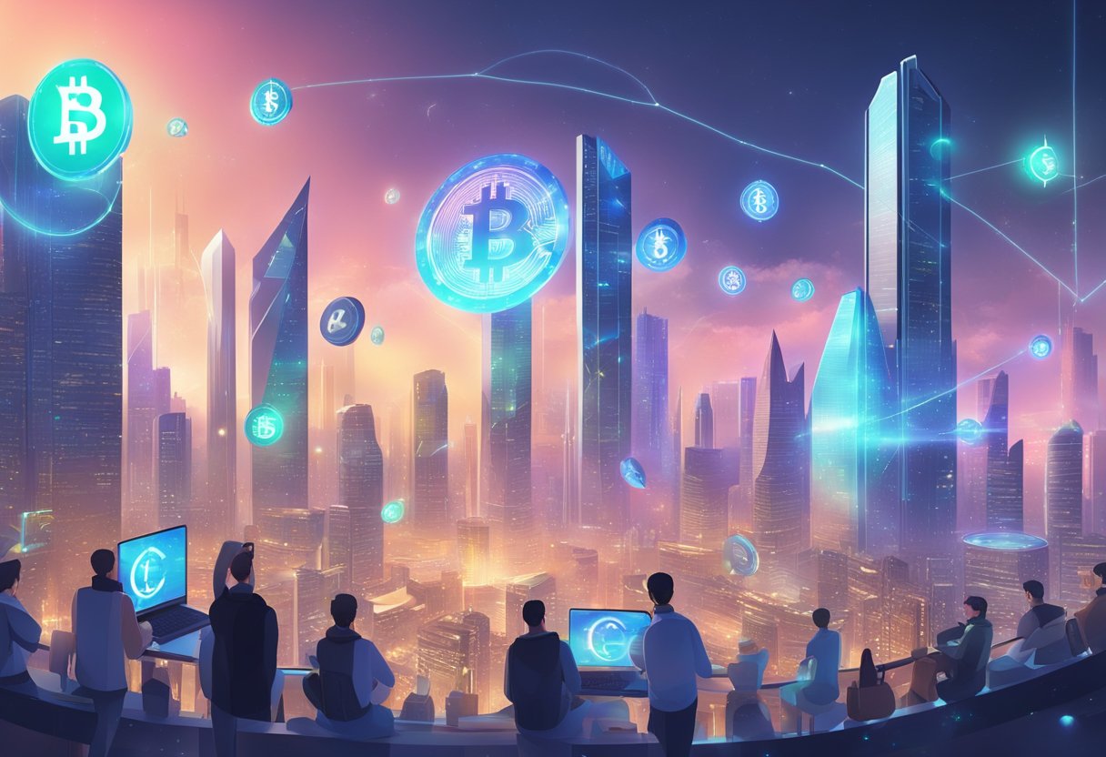 A futuristic city skyline with digital currency logos floating above buildings, while people use holographic devices to trade crypto