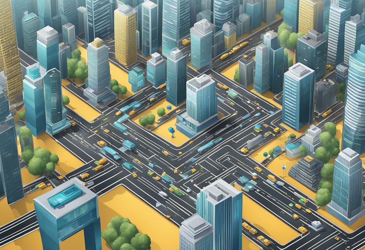 A bustling city skyline with digital currency logos on skyscrapers, surrounded by a maze of regulatory hurdles and roadblocks