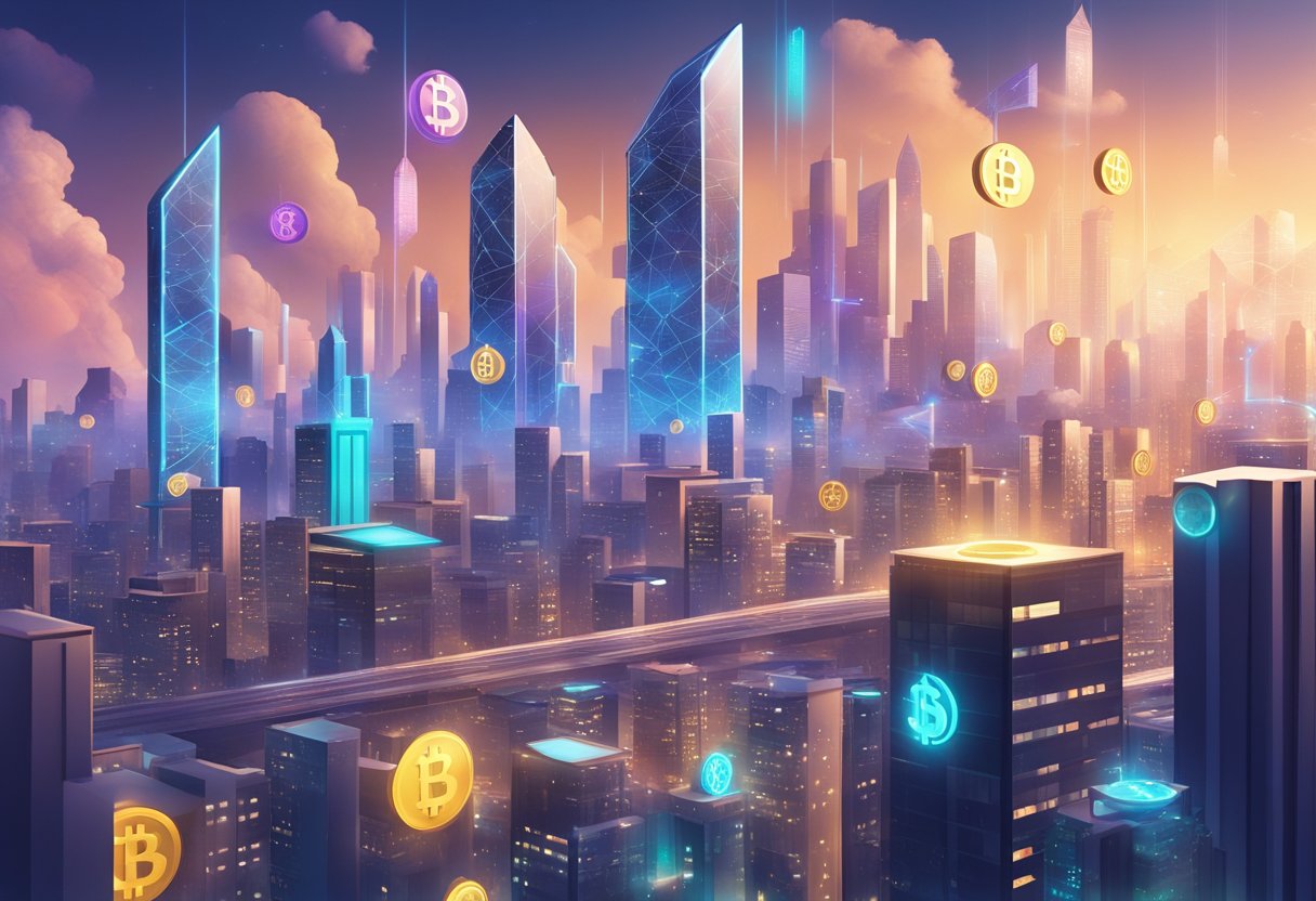 A futuristic city skyline with digital currency symbols floating above buildings, indicating investment strategies for booming crypto in 2024
