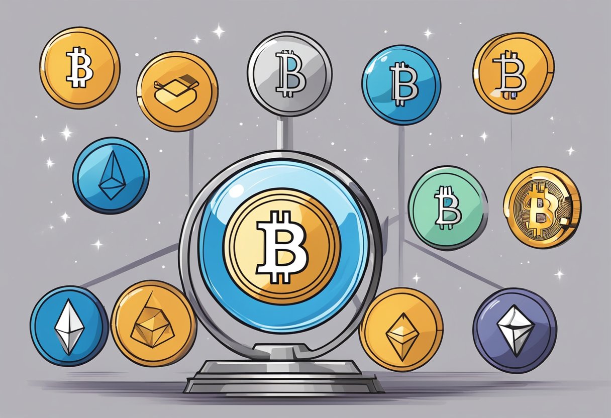 Cryptocurrency logos surround a scale, with one side weighed down by "Potential Risks" and the other lifted by "Rewards." A crystal ball in the background hints at the uncertainty of predicting which crypto will boom in 2024