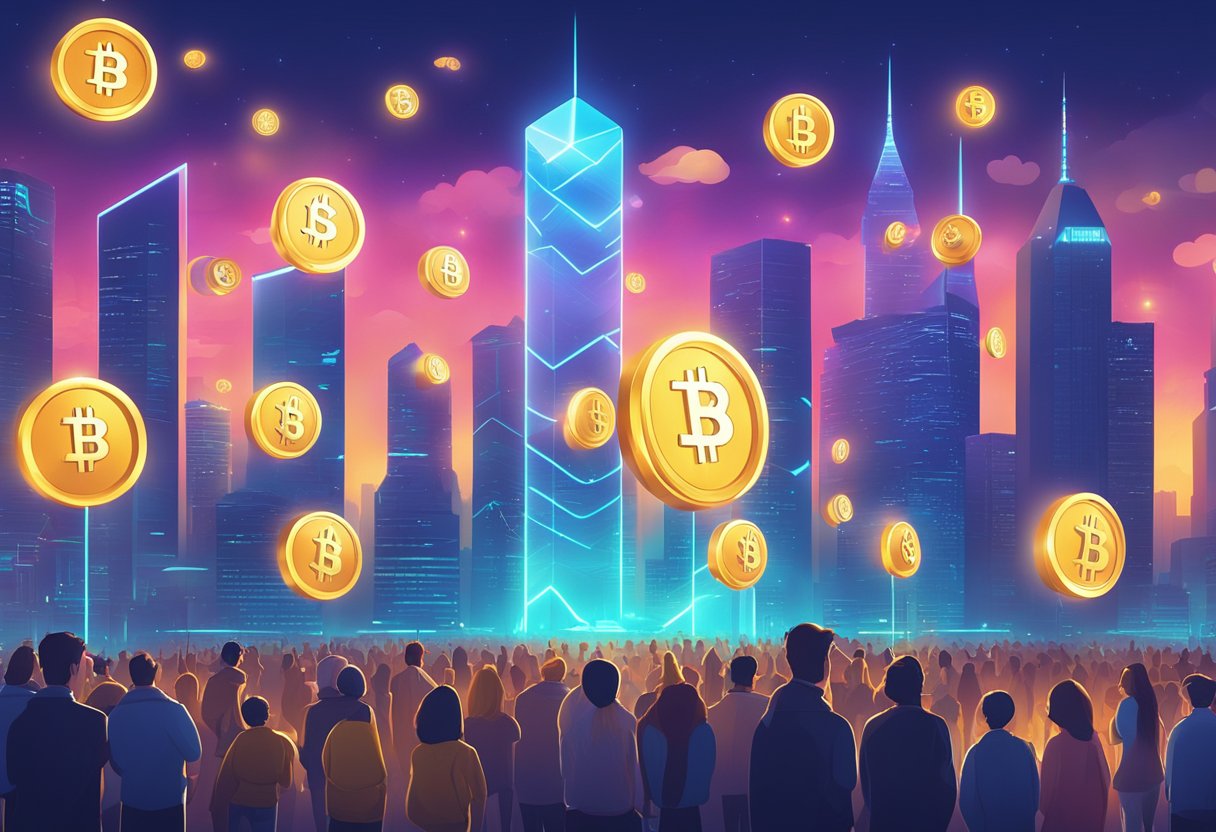 A group of digital currency symbols hover above a futuristic city skyline, each one emitting a vibrant glow, while a crowd of onlookers eagerly watches for any signs of movement or change