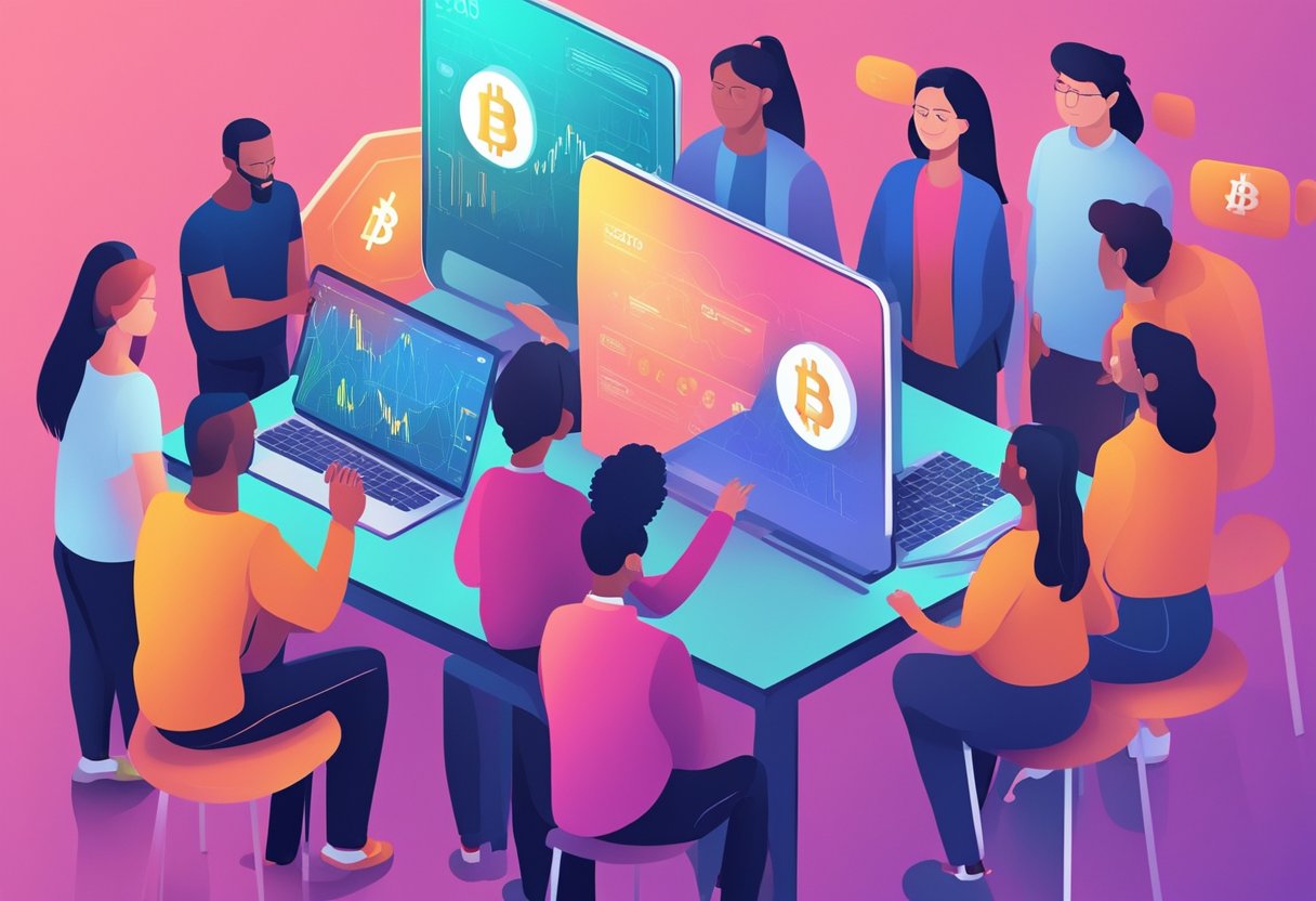A diverse group of people gather around a digital screen, discussing the potential of various cryptocurrencies in 2024. A sense of community and collaboration is evident as they consider the future of adoption in the crypto world