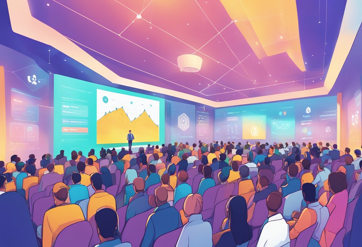 A crowded conference hall with crypto logos and charts projected on the walls. Attendees engaged in animated discussions, eagerly anticipating the next big crypto boom in 2024