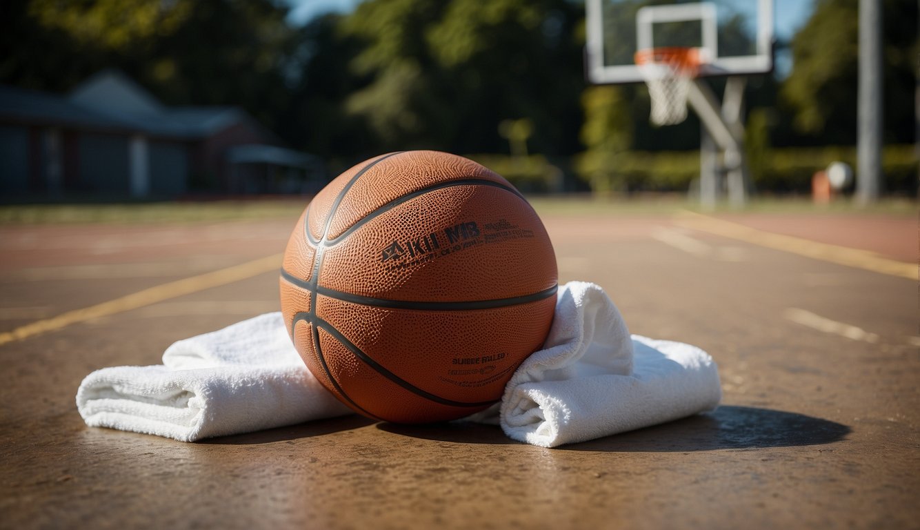 A basketball lying on the ground, surrounded by a water bottle and a towel. A basketball hoop in the background