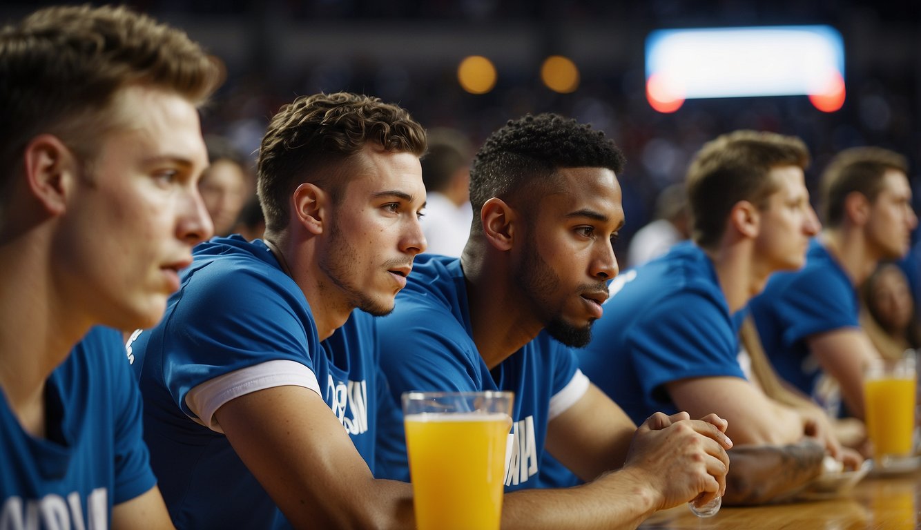 Players drinking water and eating healthy snacks on the sidelines during a basketball game