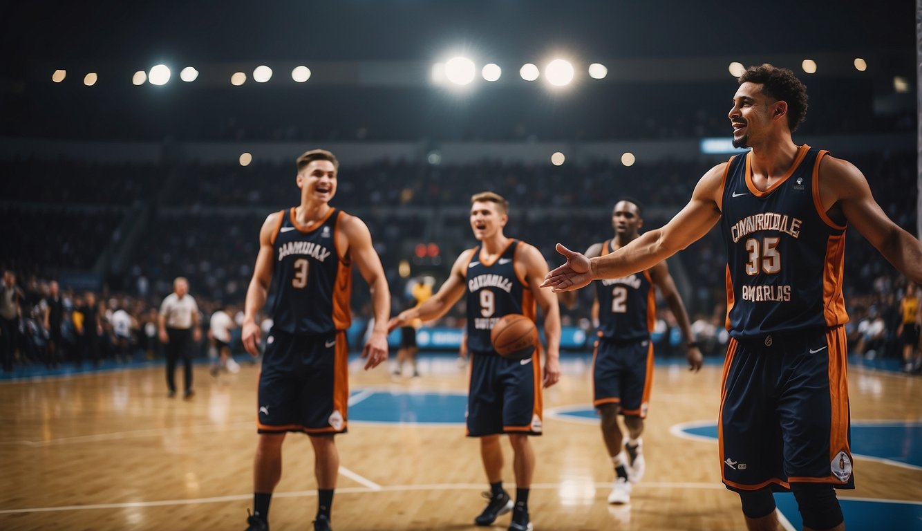 Players on a basketball court display joy and camaraderie, showing the psychological and emotional benefits of the sport