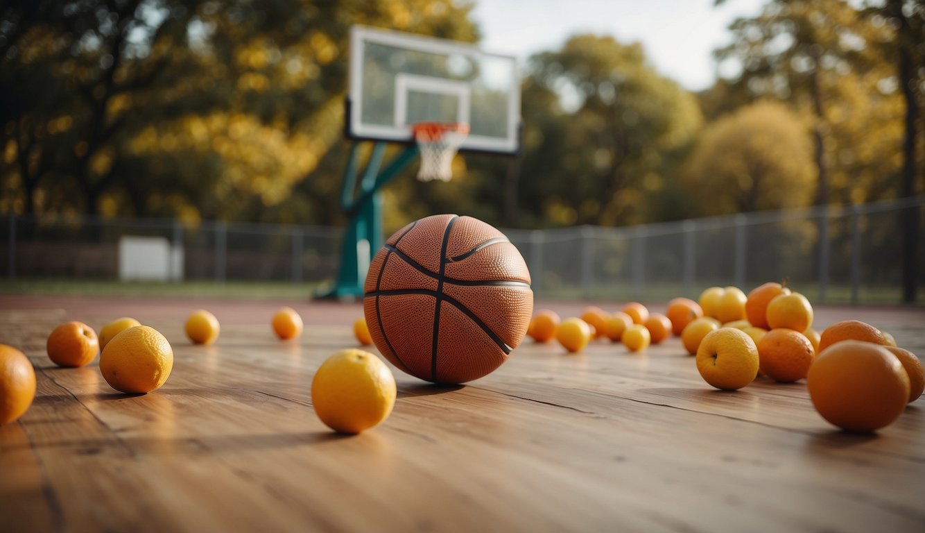 A basketball bouncing on a court with a background of healthy lifestyle symbols like fruits, vegetables, and exercise equipment