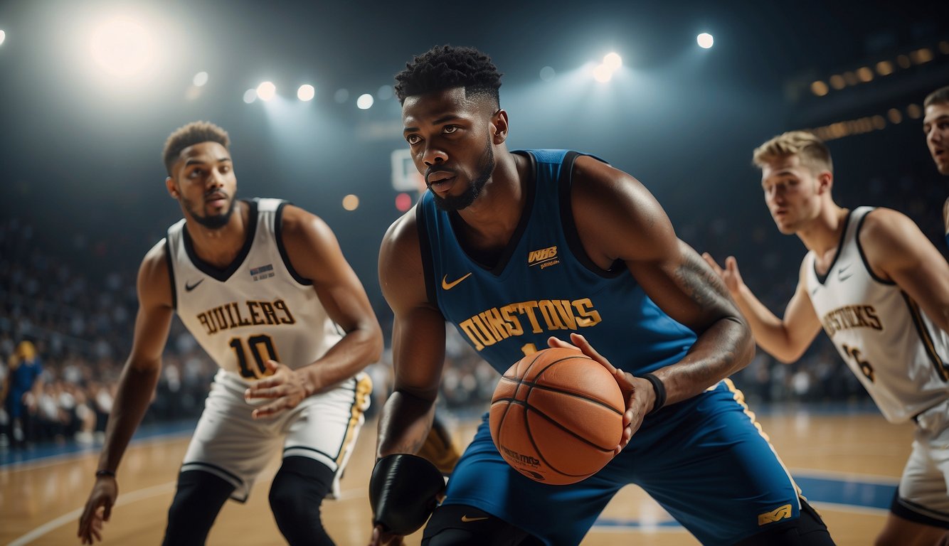 Players dribbling, shooting, and defending on a basketball court. Sweat glistens under the bright lights, showcasing their technical skills in the game