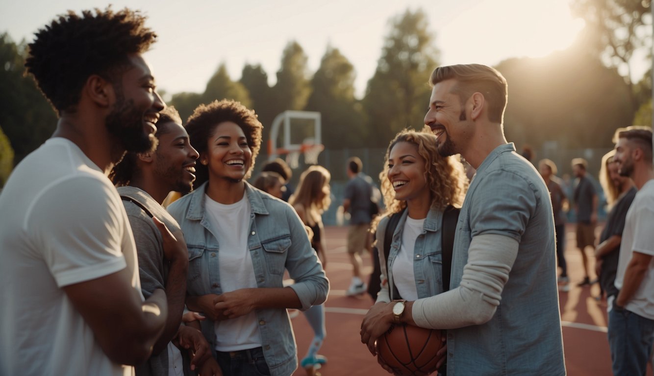 A group of people gather around a basketball court, chatting and laughing as they watch a game. The sound of the ball bouncing and sneakers squeaking fills the air