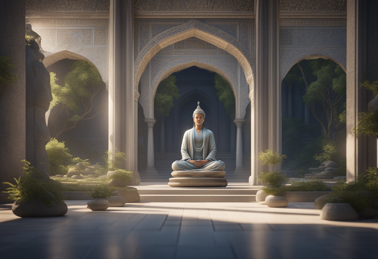 A serene figure meditates under an archway with 11 pillars, surrounded by symbols of balance and enlightenment