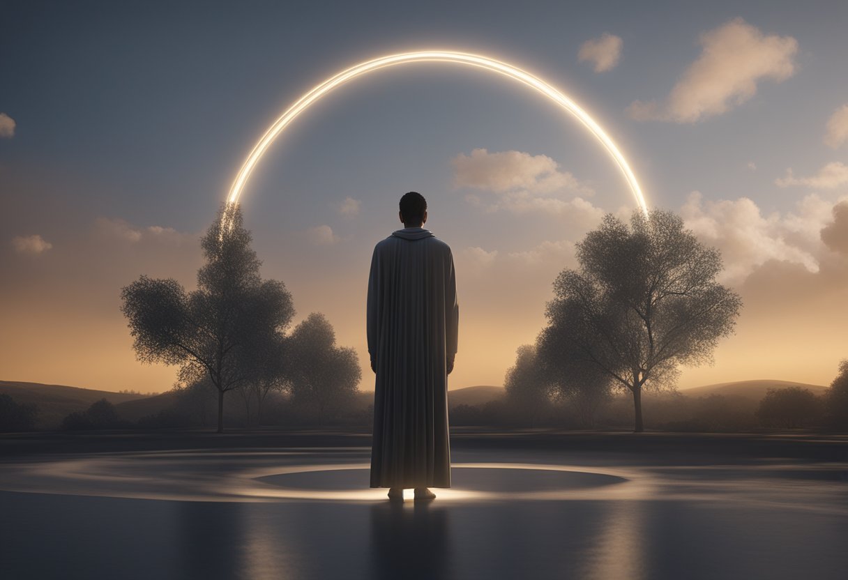 A figure gazes at the sky, where two 1s form the number 11, surrounded by a halo of light. The figure appears calm and contemplative, with a sense of spiritual connection