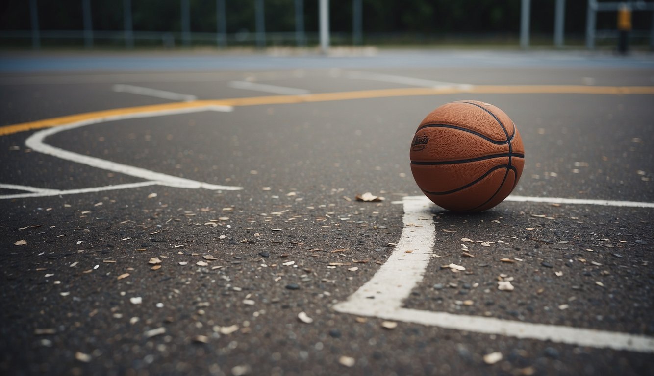 A basketball court with worn-out hoops and cracked pavement, surrounded by neglected equipment and facilities