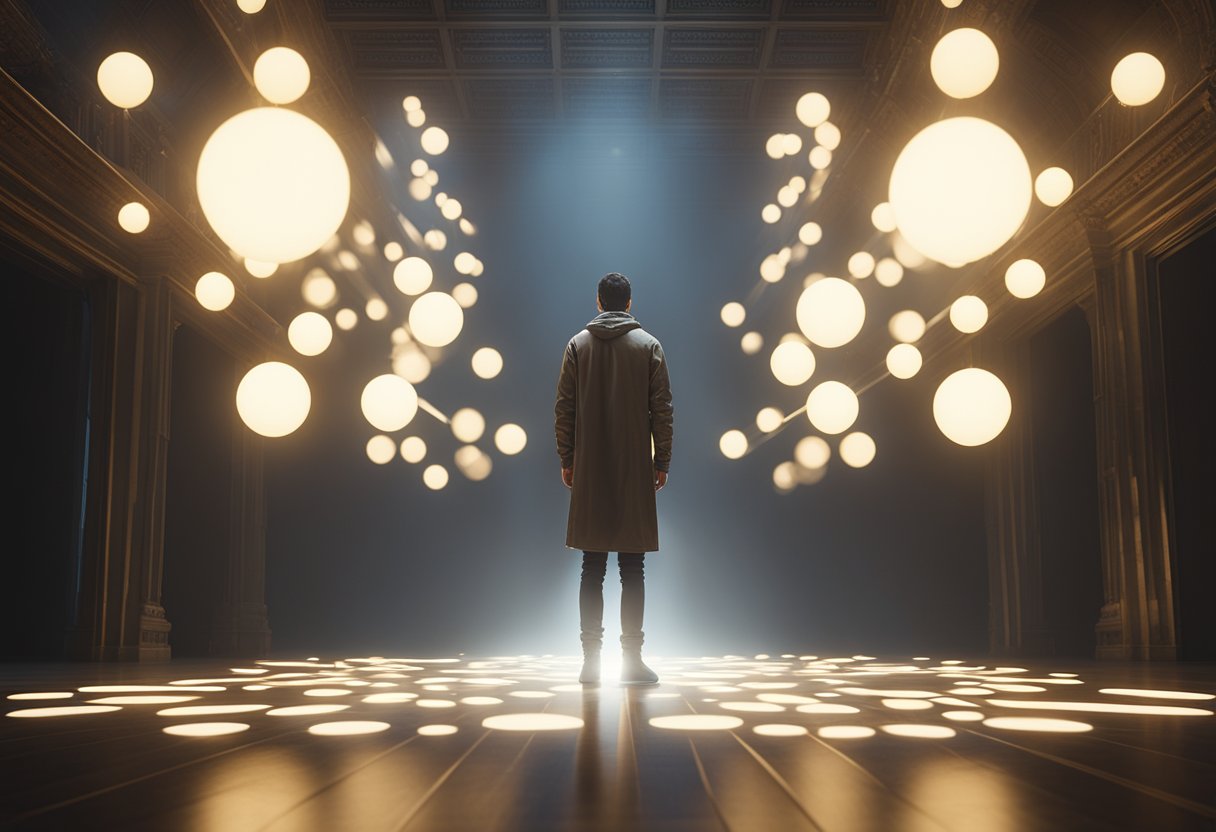 A figure stands in a beam of light, surrounded by 11 glowing orbs. The air is charged with a sense of knowing and connection to the divine