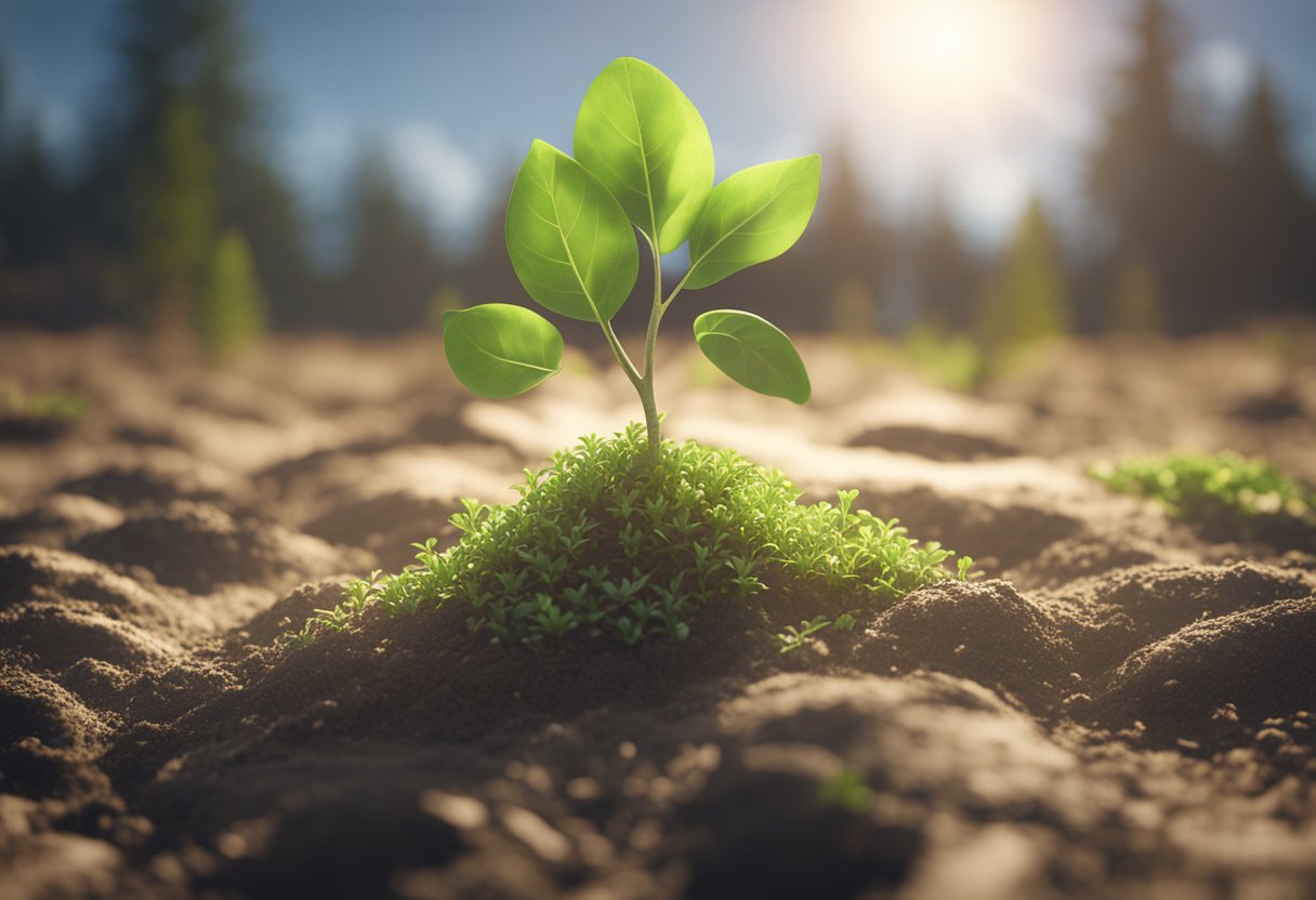 A seedling sprouts from the earth, stretching towards the sunlight. It gradually transforms into a strong, flourishing tree, symbolizing growth and spiritual evolution