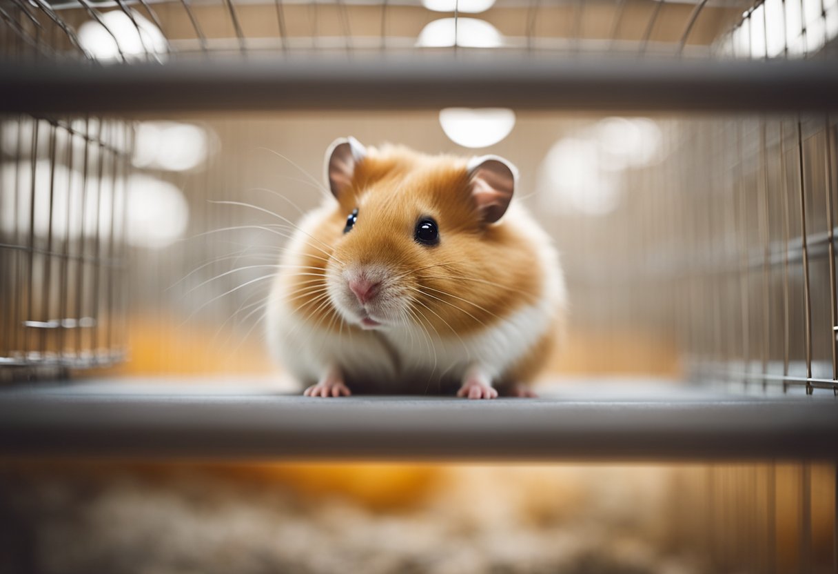 A hamster sits in a cozy cage, looking up at a concerned owner. The vet's office is in the background, with a sign reading "Small Animal Care."
