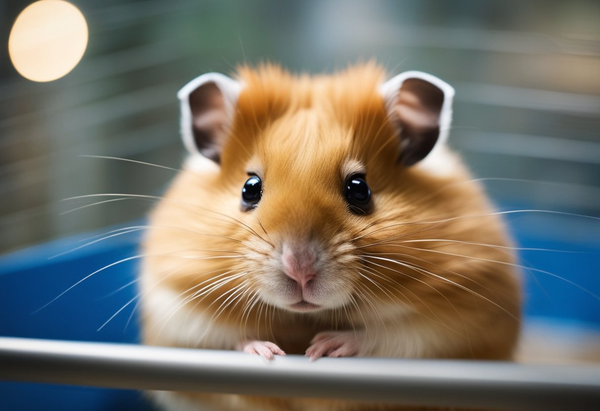 A hamster sits in a cozy cage, looking slightly lethargic. Its fur is slightly ruffled, and its eyes appear dull. The water bottle is full, but the food dish is untouched