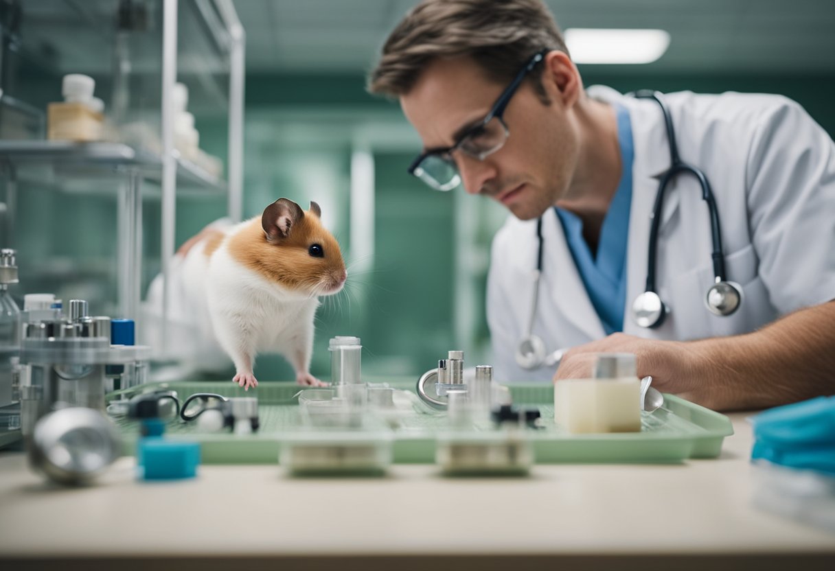 A veterinarian carefully examines a hamster on an examination table, surrounded by medical equipment and supplies. The hamster looks calm and curious as the vet checks its health