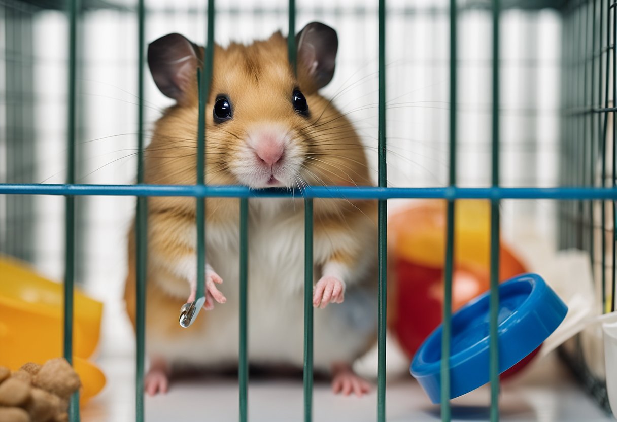A hamster sitting in a cage with a water bottle, food dish, and a small wheel. A concerned owner holding a pamphlet titled "Hamster Health" nearby