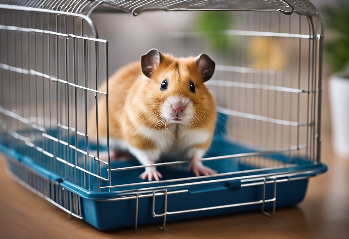 A hamster sits in a small cage, looking up at a concerned owner. The vet's office is in the background, with a sign reading "Exotic Pets Welcome."