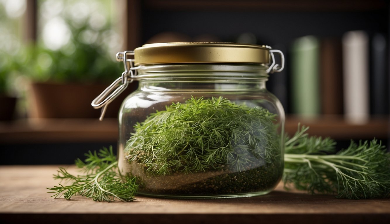A jar of dill weed sits on a shelf, sealed tightly with a lid. The label is faded, and the herb inside appears dry and fragrant
