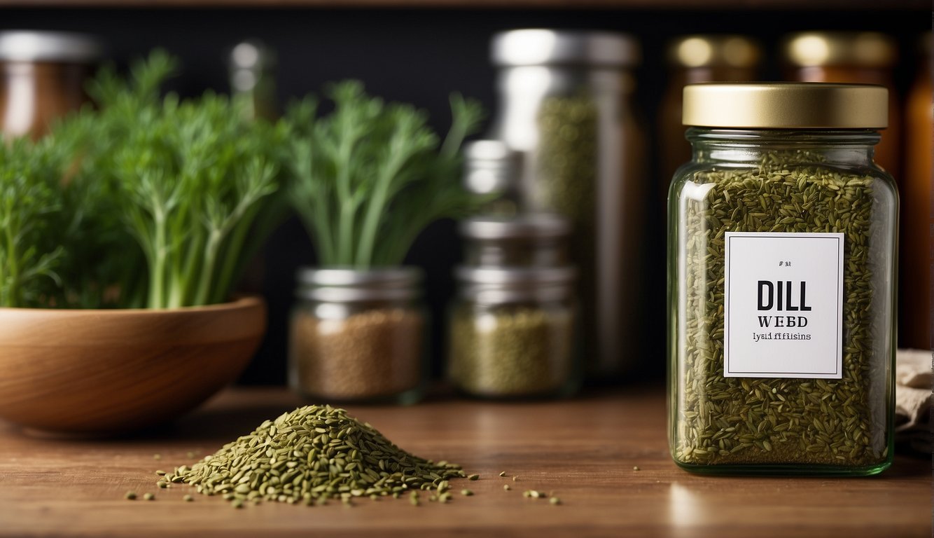 A jar of dill weed sits on a shelf, surrounded by other spices. The label is clean and vibrant, indicating freshness