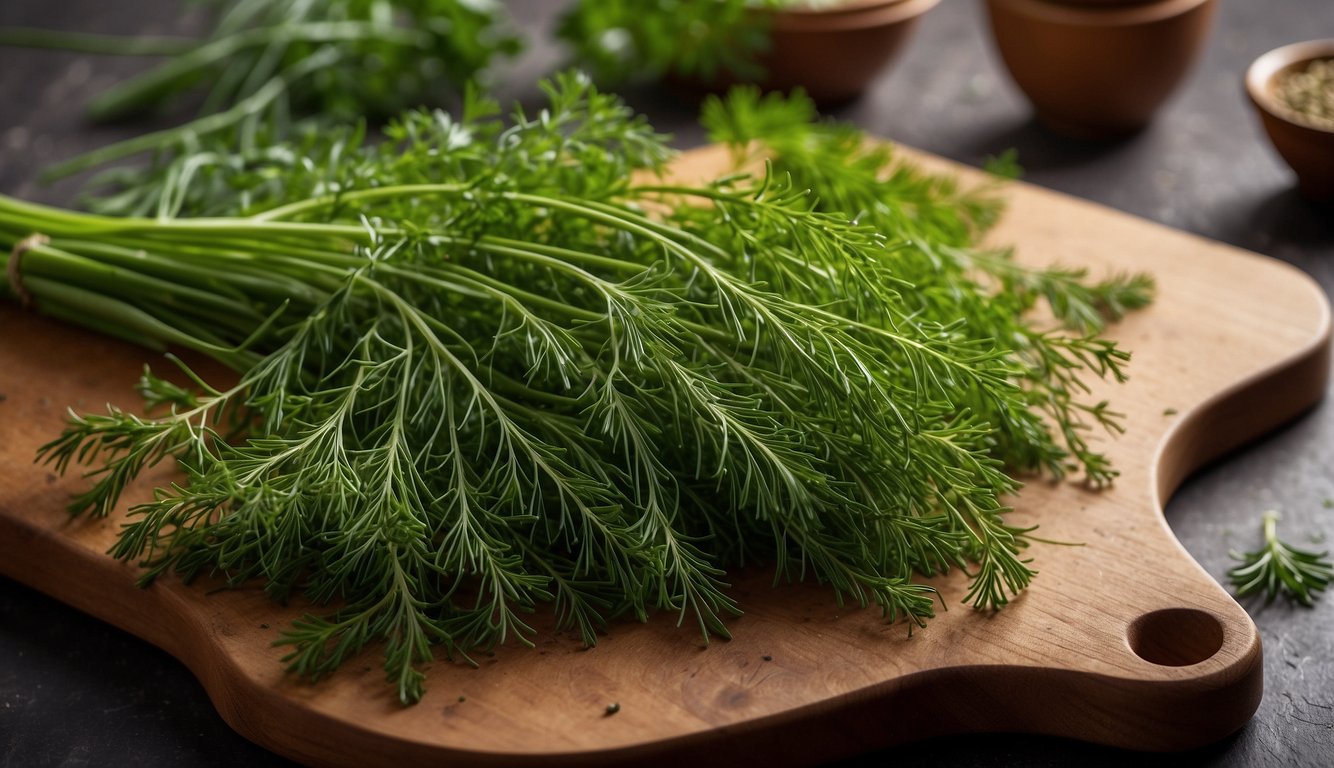 A fresh bunch of dill weed sits on a cutting board, surrounded by various kitchen herbs and spices. The vibrant green color and delicate fronds convey its freshness and potential health benefits