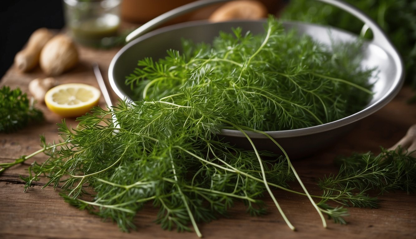 Dill weed being harvested and prepared for use, with fresh green leaves and stems. A question mark hovering over the herb, indicating uncertainty about its shelf life