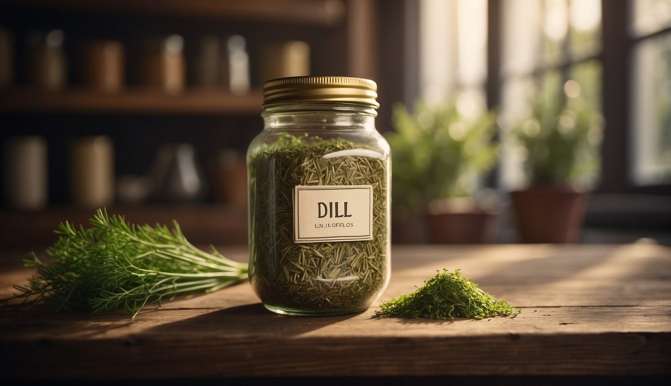 A jar of dill weed sits on a shelf, its label faded from time. Nearby, a calendar marks the passing of the years