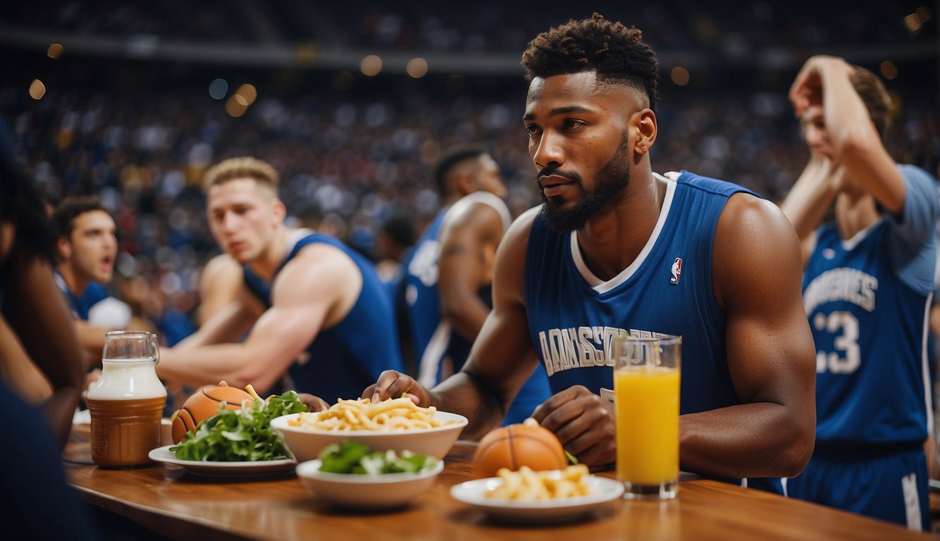 A basketball player hydrates and eats a balanced meal after a game, aiding in their endurance and recovery