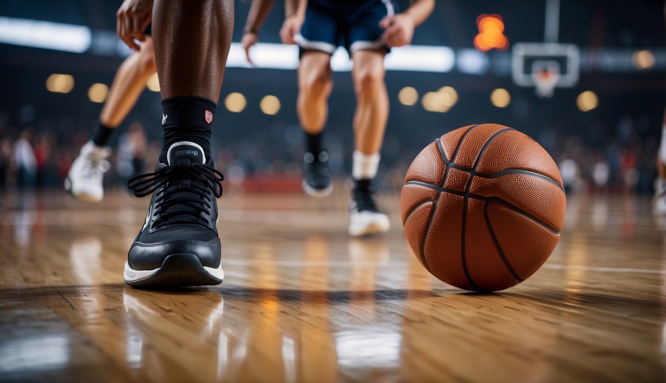 A basketball court with players running, dribbling, and shooting, while a heart rate monitor displays cardiovascular data in the background